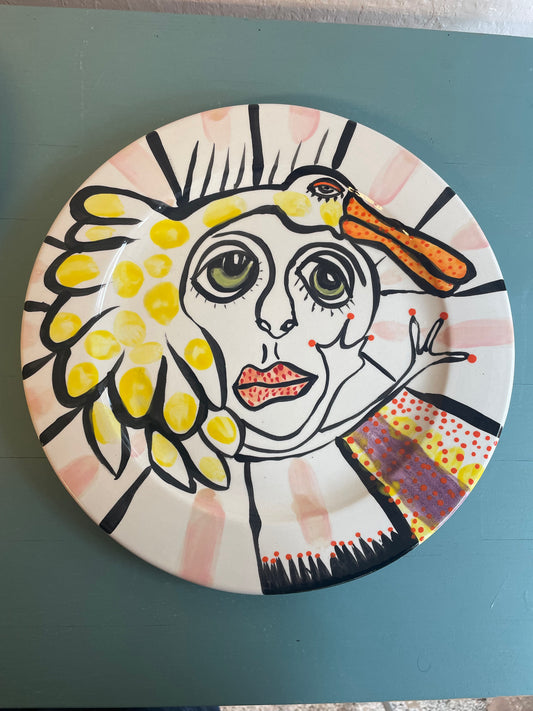 Dame med fugl fad -tallerken